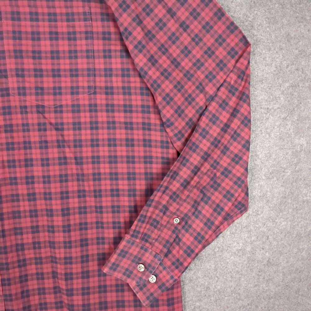 Banana Republic Mens Large Red Navy Plaid Stretch Soft Wash Standard Fit Shirt